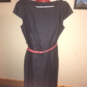 Denim pencil dress with coral belt